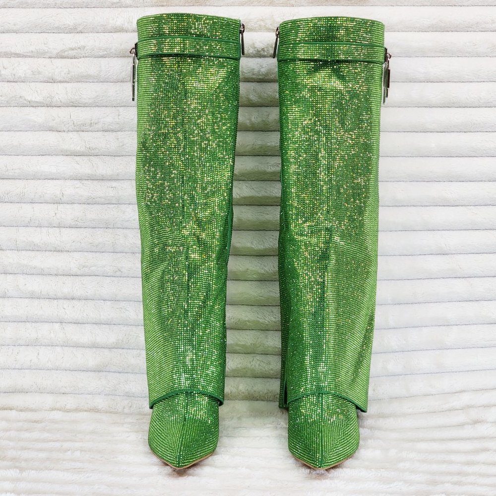 Super Sparkle Sharky Green Rhinestone Skirted Fold Over Wedge Heel Knee Boots - Picture 11 of 14